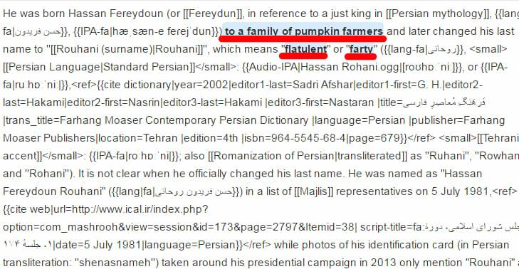 A Defence-lined edit to the Wikipedia page of Iranian president Hassan Rouhani.