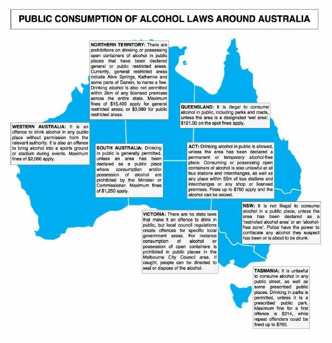 Law firm Slater and Gordon have come up with this handy guide to public consumption of alcohol laws just in time for New Year's Eve. But here's a tip: just keep yourself nice. Photo: Supplied