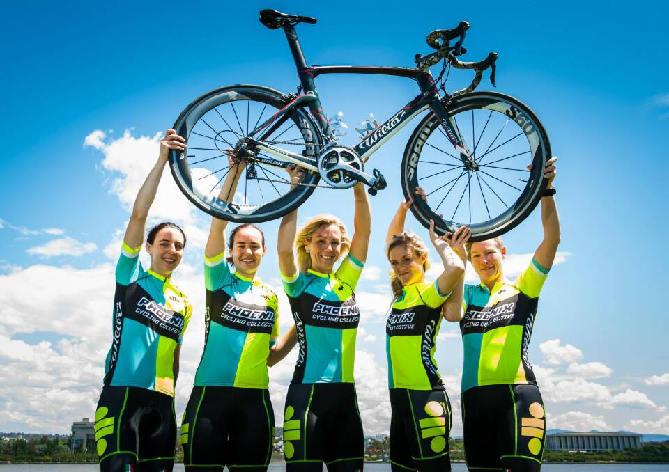 Phoenix Cycling Collective members Phoebe Chadwick-Masters, Katie McDonnell, Belinda Chamberlain, Laura Darlington and Peta Brill will debut at Canberra's womens bike race the Tour de Femme.  Photo: Elesa Kurtz
