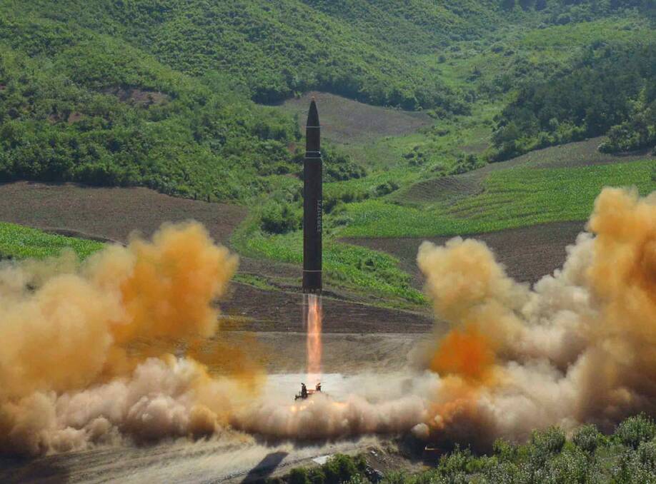 A North Korean government photograph of what it says was the launch of a Hwasong-14 intercontinental ballistic missile in July.  Photo: AP