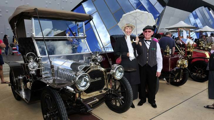 Robert Lovell and wife Meryl with their 1907 De Dion-Bouton at the vintage car show at the National Museum, Canberra. Photo: Melissa Adams