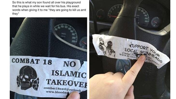 Some of the anti-Islam stickers found at the Heidelberg West playground.  Photo: Facebook.