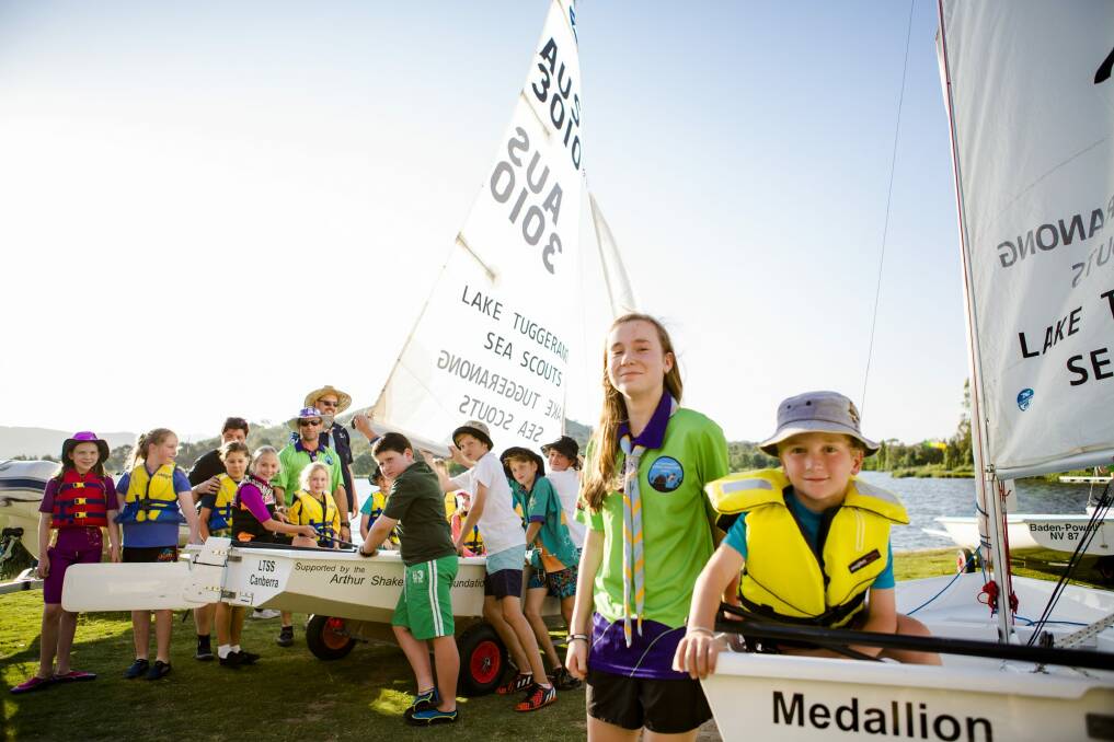 After ongoing health hazard restrictions left them high and dry Lake Tuggeranong Sea Scouts set sail on Friday. Front, Stephanie Kerr 14, and Kieran Greenwood 8.
 Photo: Jamila Toderas