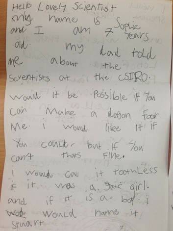Sophie Lester's letter to the CSIRO, requesting more research and development on dragons. Photo: CSIRO website