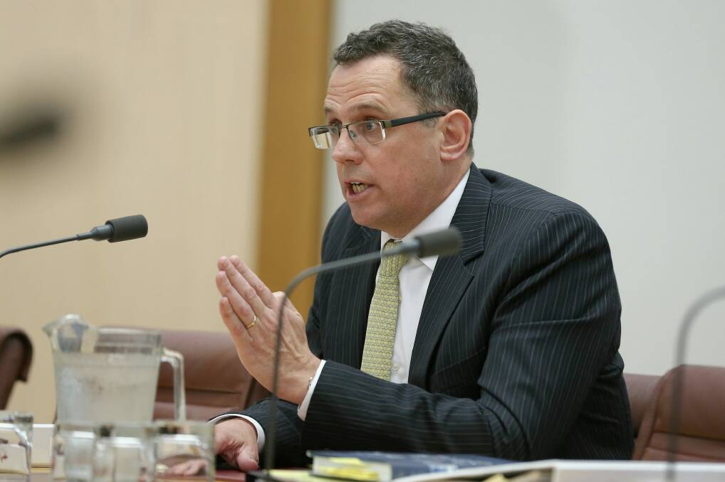 Outgoing Solicitor-General Justin Gleeson during a public hearing at Parliament House. Photo: Alex Ellinghausen