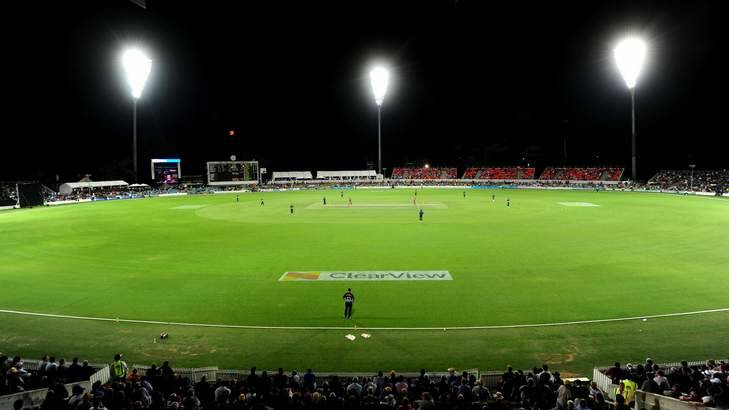 Manuka Oval is lit up for a sporting contest for the first time for the Prime Minister's XI. Photo: Melissa Adams
