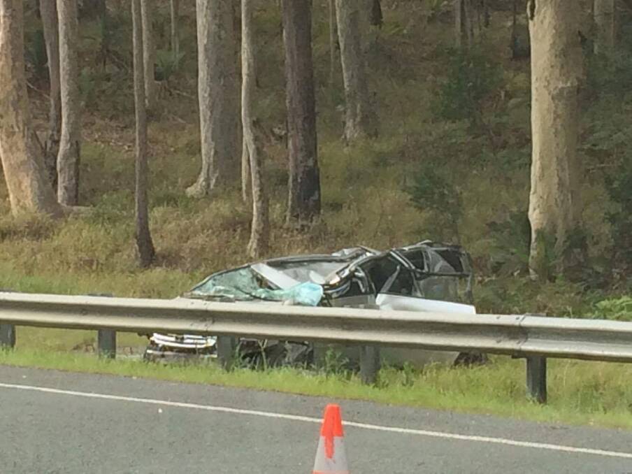 Crash on the Kings Highway, near Braidwood on Saturday. Photo: Naomi Birkett