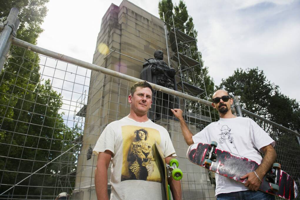 Christian Sheldrick and Tony Caruana from the Canberra Skateboarding Association, who are upset that the NCA is ''skateboard proofing'' the national monuments in the triangle.  Photo: Rohan Thomson