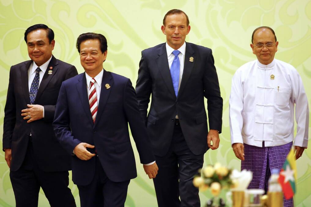 Jobs not climate: Prime Minister Tony Abbott on Thursday at ASEAN, with leaders from Thailand, Vietnam and Myanmar.  Photo: Reuters