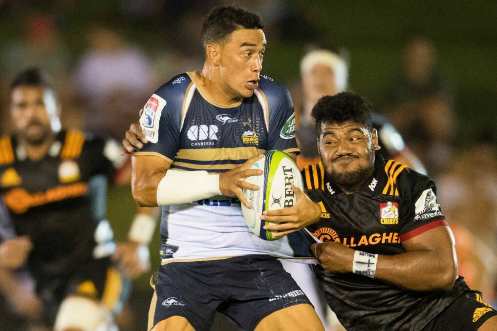 Wharenui Hawera of the Brumbies battles the Chiefs in a trial match. Photo: Stuart Walmsley