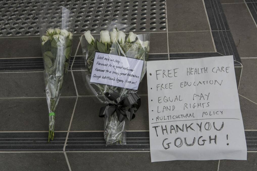 Thank you: Flowers left for Gough Whitlam on the steps of Old Parliament House. Photo: Jamila Toderas