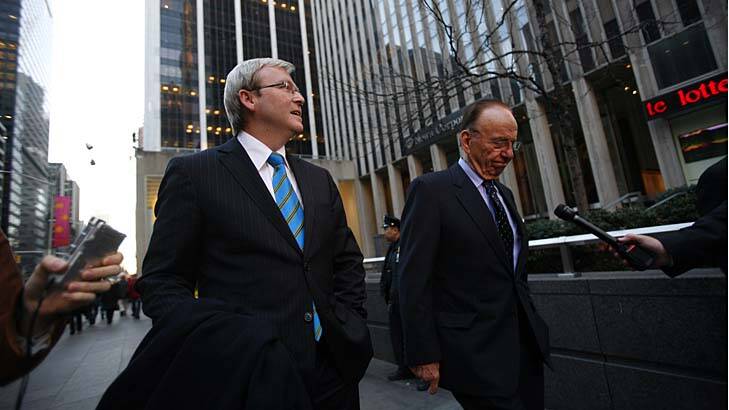 Then opposition leader Kevin Rudd pictured leaving the News Corporation building with Rupert Murdoch after a meeting in April, 2007, in New York. He visited again after being elected prime minister. Photo: Michael Nagle