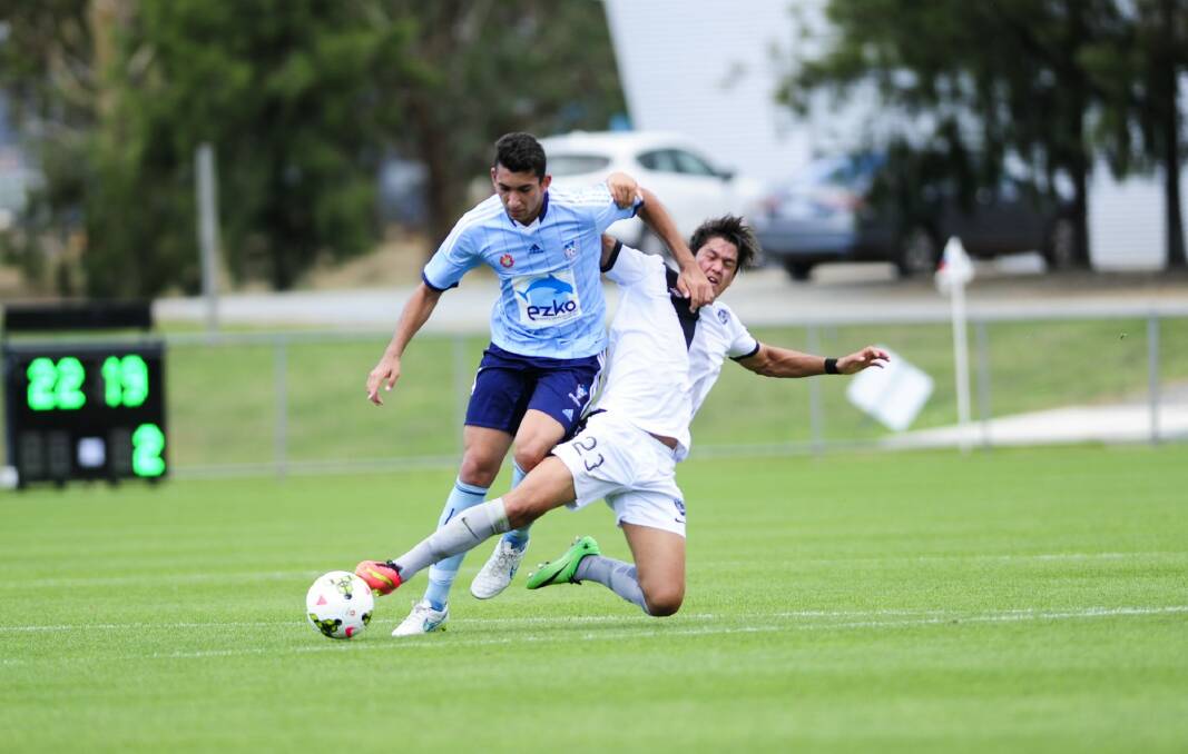 Sydney FC Youth player George Timotheou and FFA Centre of Excellence player Kosta Petratos in action. Photo: Melissa Adams