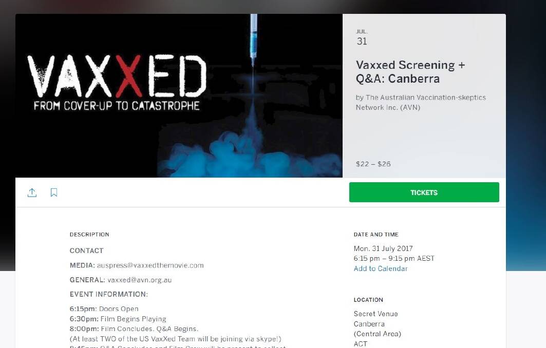 Screen grab of the ticketing portal for the 'Vaxxed' secret screening in Canberra. Photo: Georgina Connery