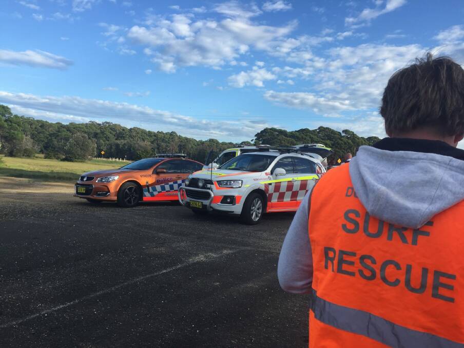 Emergency services at the scene after a young girl died when a boat capsized on Moruya bar on Saturday morning. Photo: Supplied