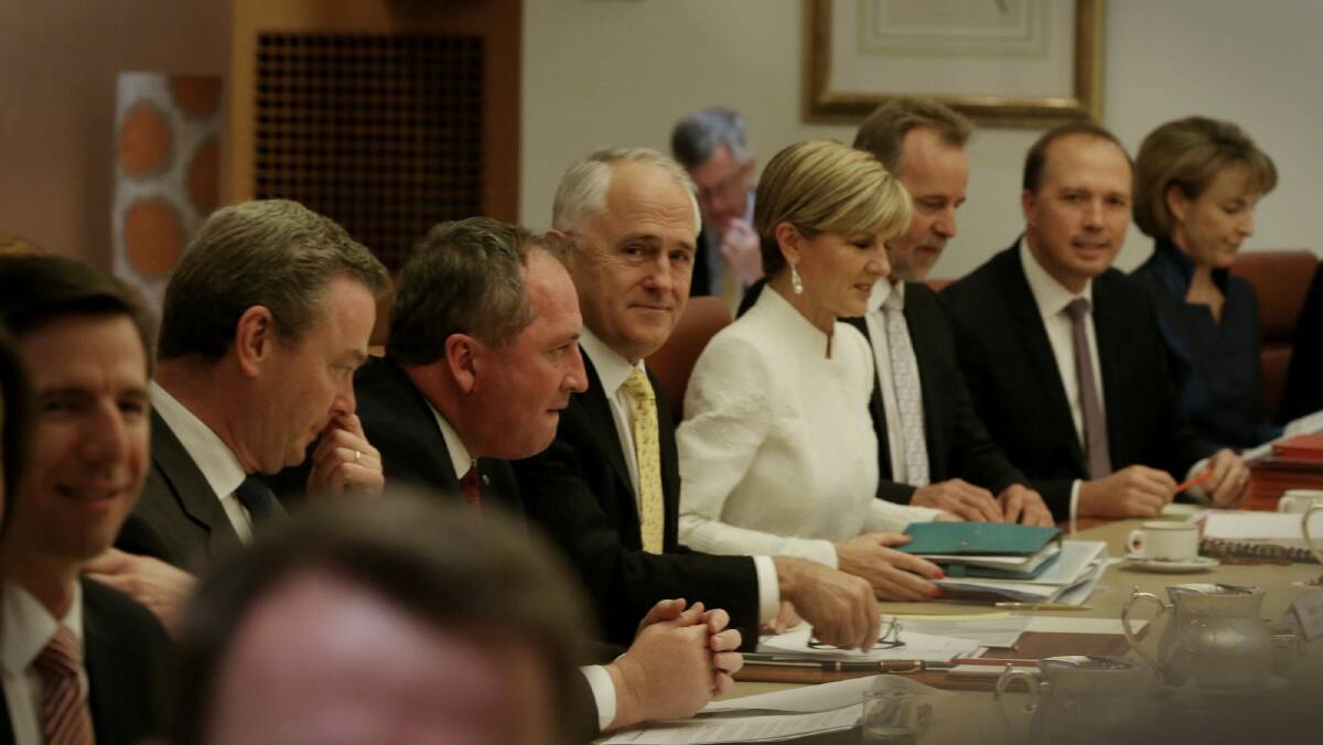 Initially, Malcolm Turnbull couldn't say "no" to Kevin Rudd and he couldn't say "no" to the Rudd-barracking Foreign Minister Julie Bishop but, in the end, neither could he say "no" to the cabinet majority who thought Rudd was far from the best Australian to aspire to lead the UN. Photo: Andrew Meares