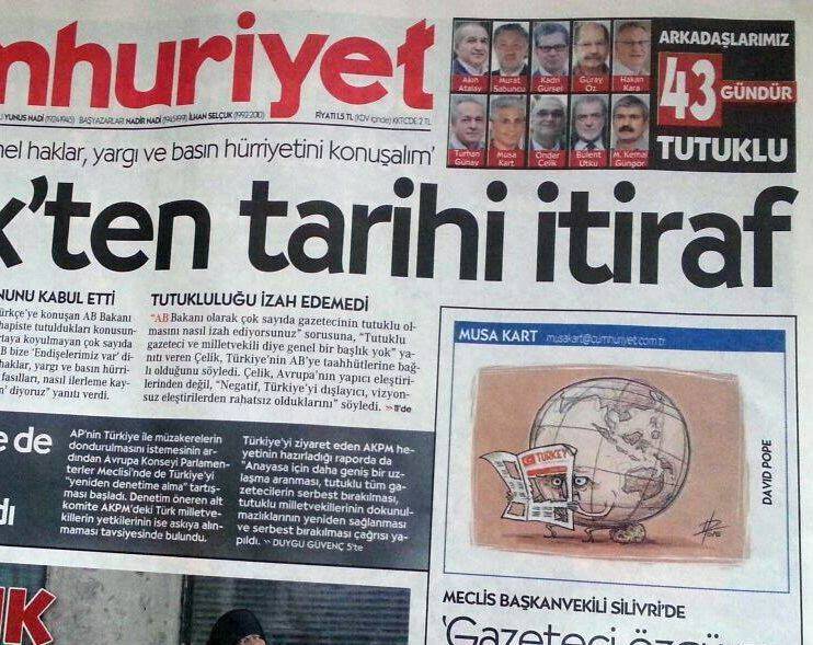 David Pope's cartoon on the front page of Cumhuriyet, in the panel where the work of the paper's cartoonist Musa Kart should appear.