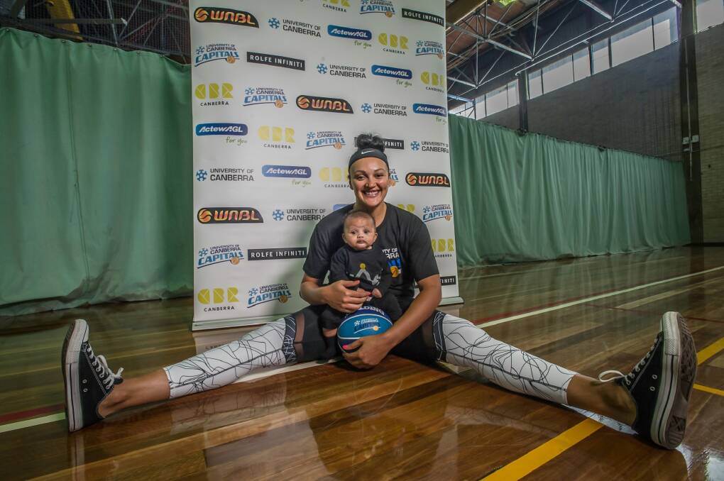 Canberra Capitals recruit Mistie Bass attends her first Capitals press conference with 12 week old son Braven Boyd. Photo by Karleen Minney. Photo: karleen minney