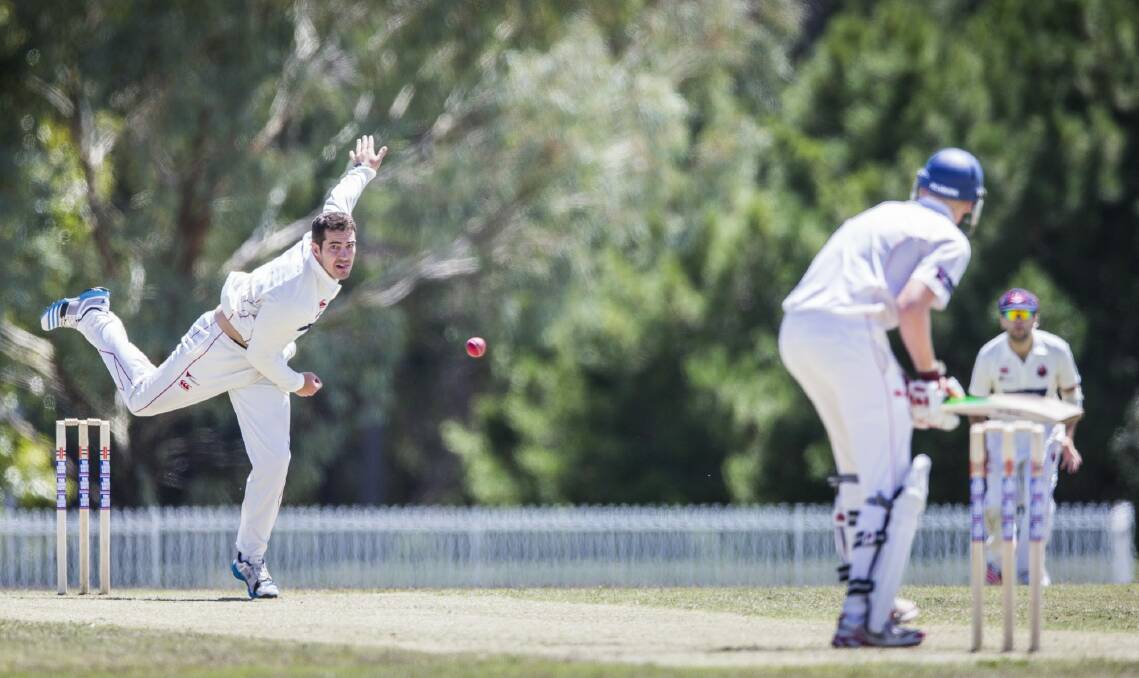 Eastlake quick Michael Spaseski sends one down the wicket to Tuggeranong batsman Benji Floros last season. Photo: Matt Bedford