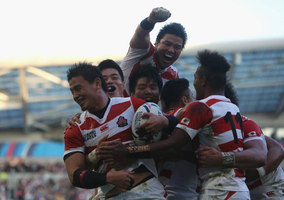 Upset:  Ayumu Goromaru of Japan celebrates scoring his team's second try during the match against South Africa. Photo: Getty Images