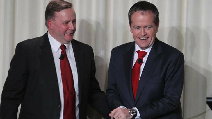 Anthony Albanese (left) and Bill Shorten during Tuesday night's leadership debate. Photo: Marco Del Grande