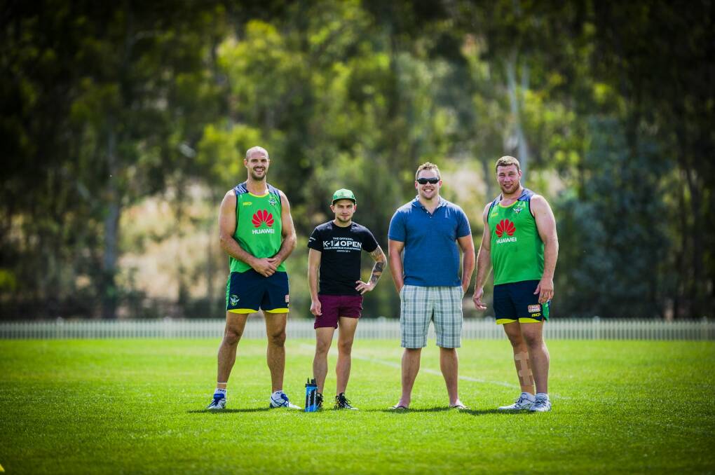 Raiders player Dane Tilse, world champion Josh Tonna, Ben Edwards, and Raiders player Shannon Boyd.

The Canberra Times.

Photo Jamila Toderas Photo: Jamila Toderas