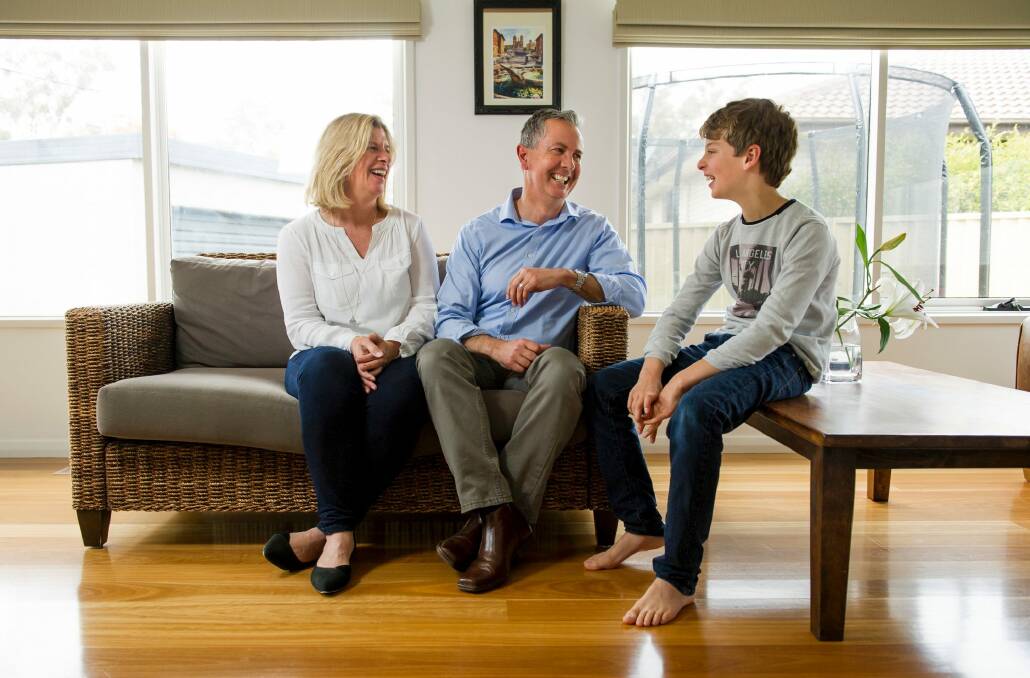 Liberal leader Jeremy Hanson with his wife Fleur and son Robbie, 10, in their Holder home.  Photo: Elesa Kurtz