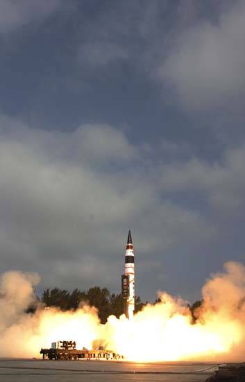 Take off ... India's Agni-V missile launch yesterday. Photo: AP