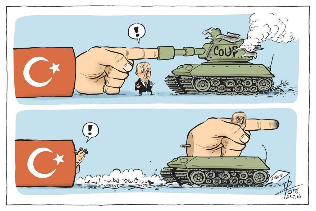Pope's editorial cartoon of July 23, 2016, depicted the consequences for freedom in Turkey of the failed military coup.
