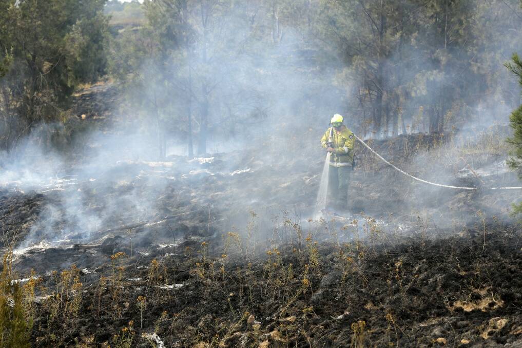 Fire fighters from ACT Fire and Rescue, ACT Rural Fire Service and from TAMS control a grass fire near Jim Pike Avenue in Gordon in November 2014. Photo: Jeffrey Chan