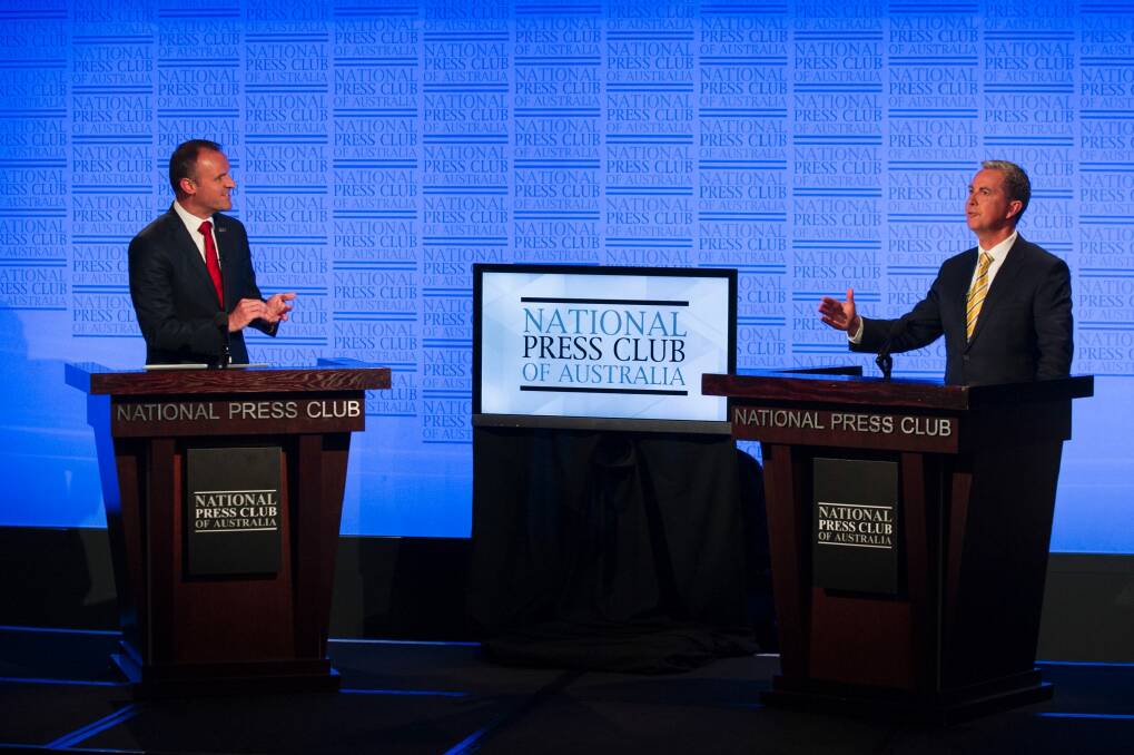 ACT Chief Minister Andrew Barr and opposition leader Jeremy Hanson in the ACT leadership debate at the National Press Club. Photo: Rohan Thomson