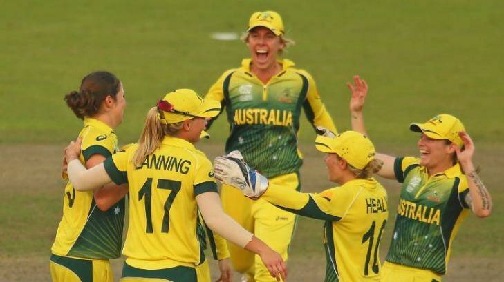 Rene Farrell, left, celebrates with teammates after Australia's win over the West Indies? Photo: Getty Images