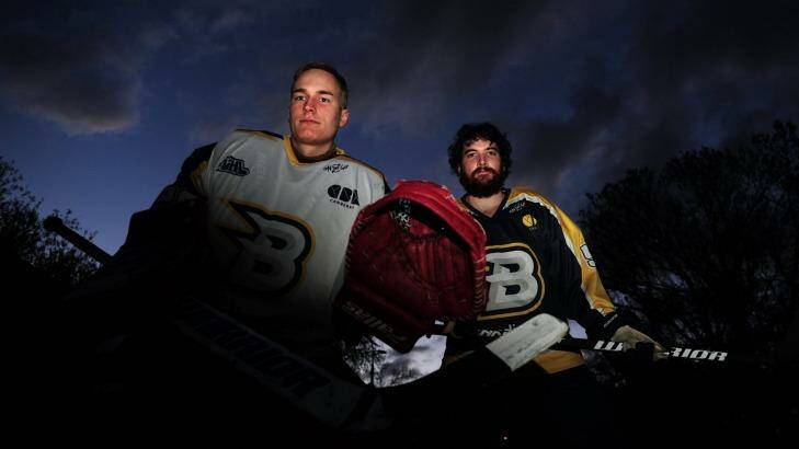 Canberra Brave ice hockey players: goalkeeper Petri Pitkanen and Mathieu Ouellette. Photo: Melissa Adams