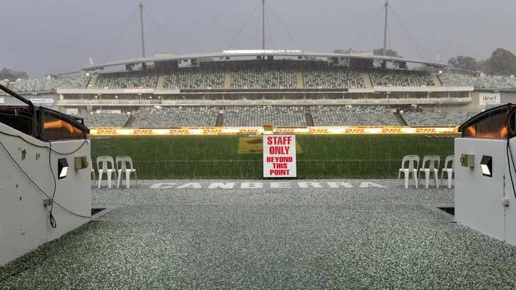 Hail comes down over Canberra Stadium at 4:13pm ahead of the Brumbies clash with the British and Irish Lions. Photo: Melissa Adams