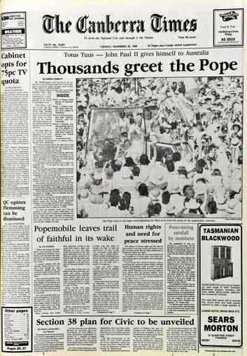 The front page of <i>The Canberra Times </i> from the  Pope's visit in 1986.