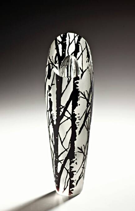 Nicole Ayliffe. Optical Landscape - Forest 1. Blown glass and engraved imagery, 36 x 10 x 10cm Photo: Supplied