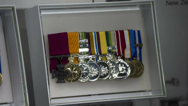 Captain Cameron Baird's medals on display: The Victoria Cross, the Medal for Gallantry, The Australian Active Service Medal, Service medals for Afghanistan and Iraq, The Australian Service Medal, The Australian Defence Medal and the UN and NATO medals. Photo: Rohan Thomson