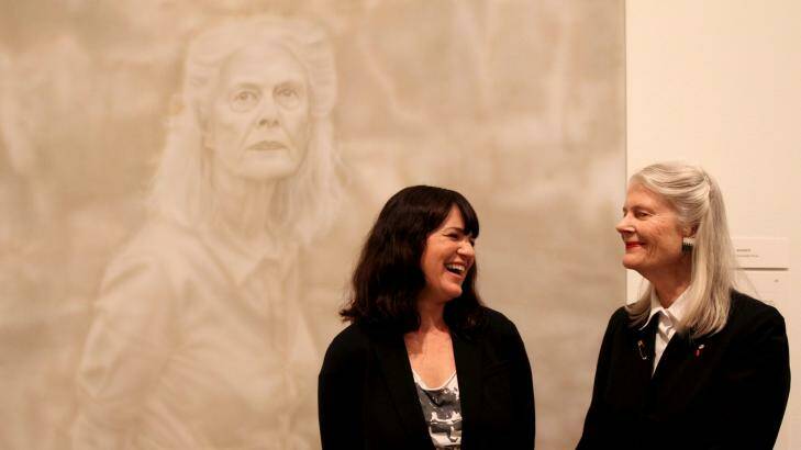 Winner of the 2014 Archibald Prize, Fiona Lowry with her subject, Penelope Seidler, at the NSW Art Gallery in Sydney. Photo: Janie Barrett