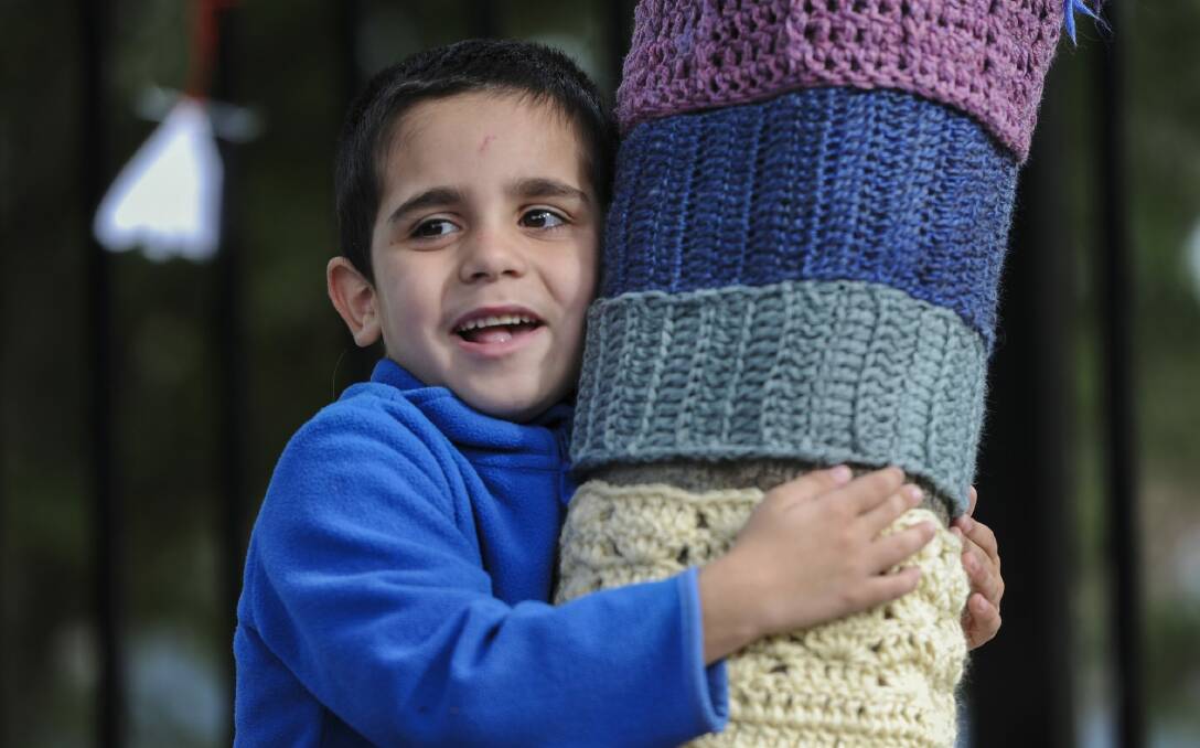 Carmaron Clarke-Pisani, 6, hugs a tree with a knitted covering.
 Photo: Graham Tidy
