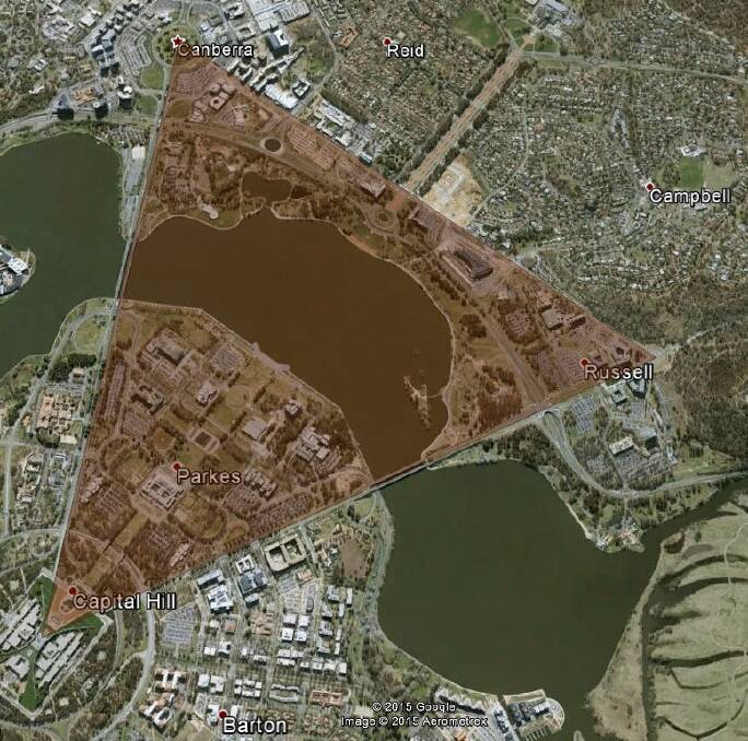 The area required for parking for an extra 124,000 cars in Canberra by 2040. Photo: Australia Institute