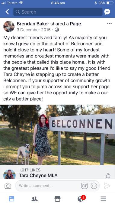 Brendan Baker described ACT Labor politician Tara Cheyne as a 'good friend' although she says their contact was mainly over social media. Photo: Facebook