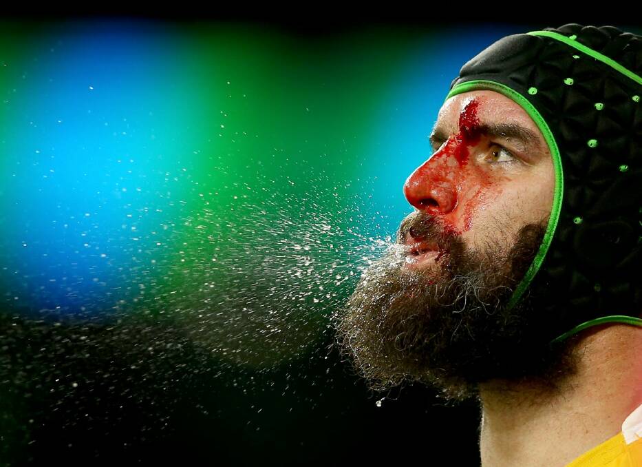 A portrait of a rugby player: A bloodied Scott Fardy during the 2015 Rugby World Cup semi-final between Argentina and Australia at Twickenham. Photo: Dan Mullan