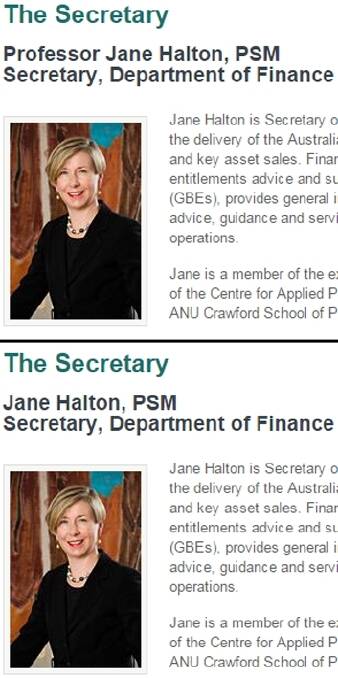 Quick change: Jane Halton's Finance Department biography, before and after the complaints.