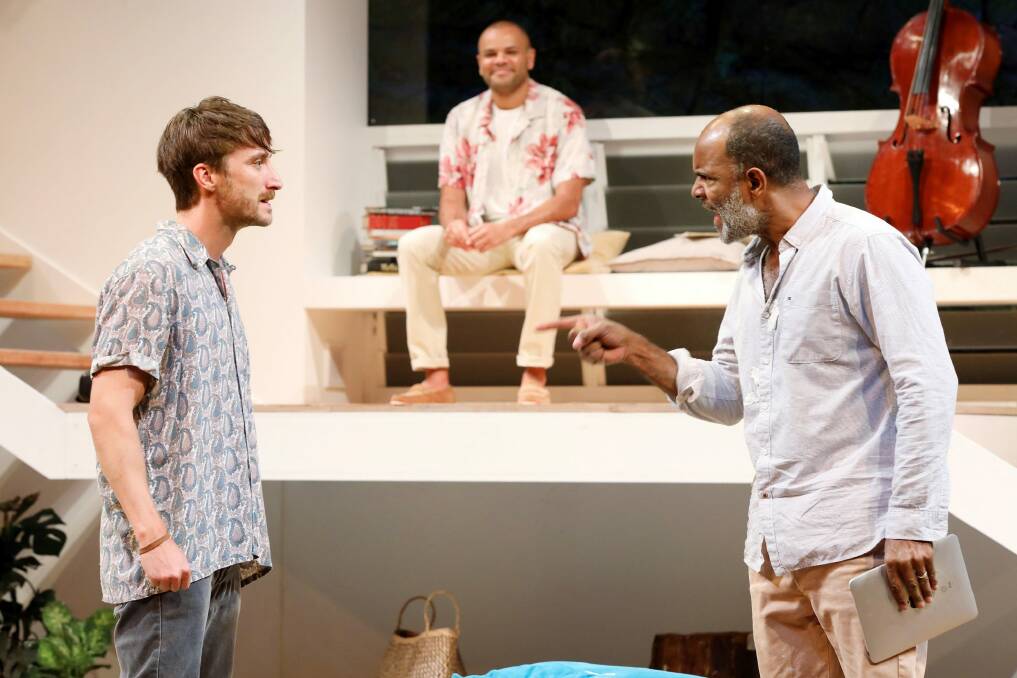 From left, Tom Stokes, Luke Carroll and Tony Briggs in Sydney Theatre Company's Production of Black is the New White.  Photo: Prudence Upton