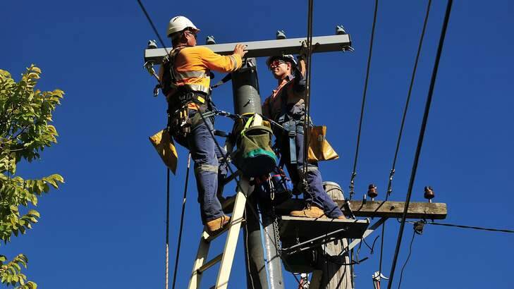 ACTEWAGL (L) electrical worker Robert Rice and (R) line worker James Baguley climb an old timber power pole that will be replaced by a new fibreglass one. Photo: Colleen Petch