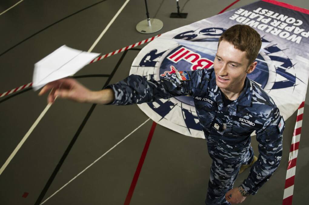 UNSW student Riley Sidonio was flight-ready at the Red Bull Paper Plane competition at ADFA.
 Photo: Rohan Thomson