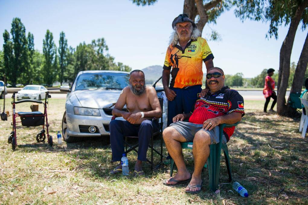 Terrance Doolan, Marbk Barkendjah and Stephen Walsh at Aboriginal Tent Embassy on Australia Day. Photo: Jay Cronan