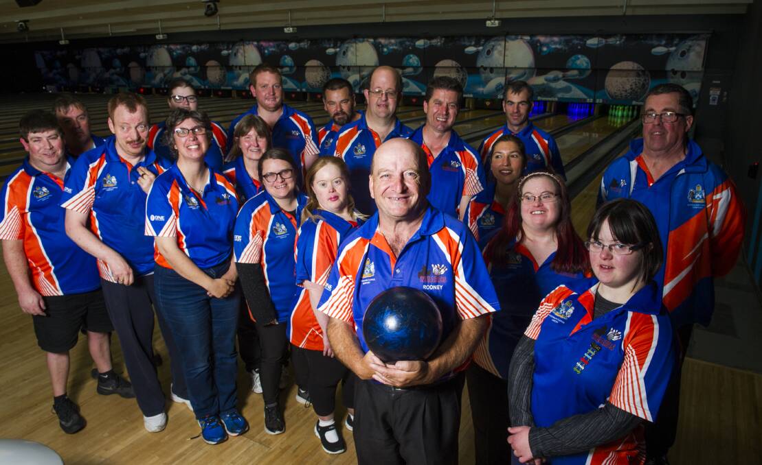 Wizards Bowling League with member Rodney Pearson (centre with bowling ball) at Belconnen Zone Bowling. Photo: Elesa Kurtz