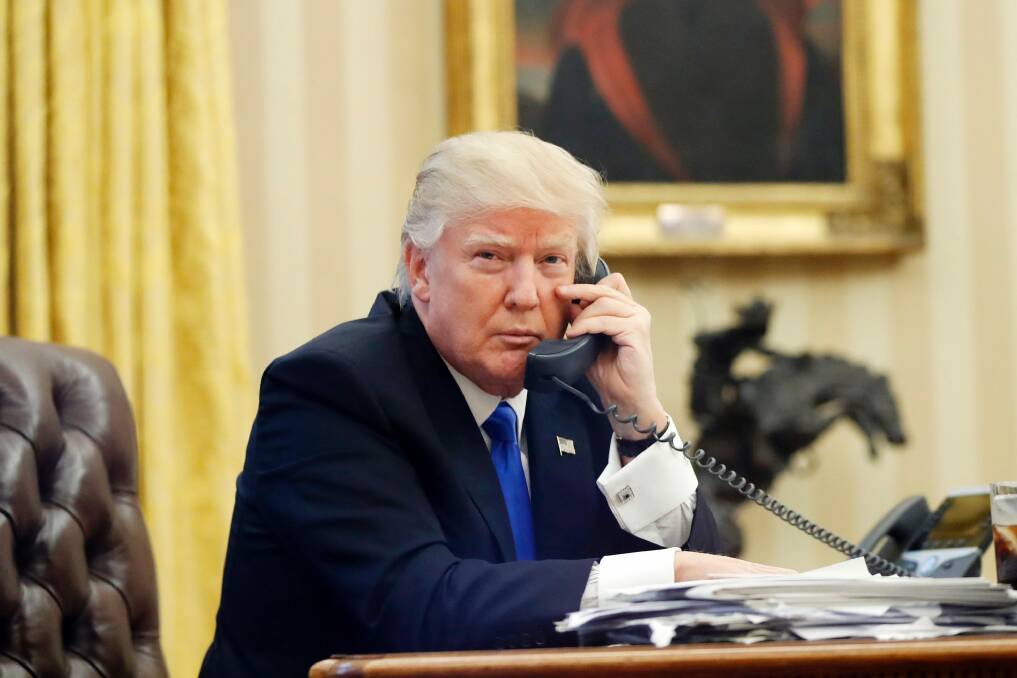 Donald Trump speaking to Malcolm Turnbull n the Oval Office of the White House. Photo: AP