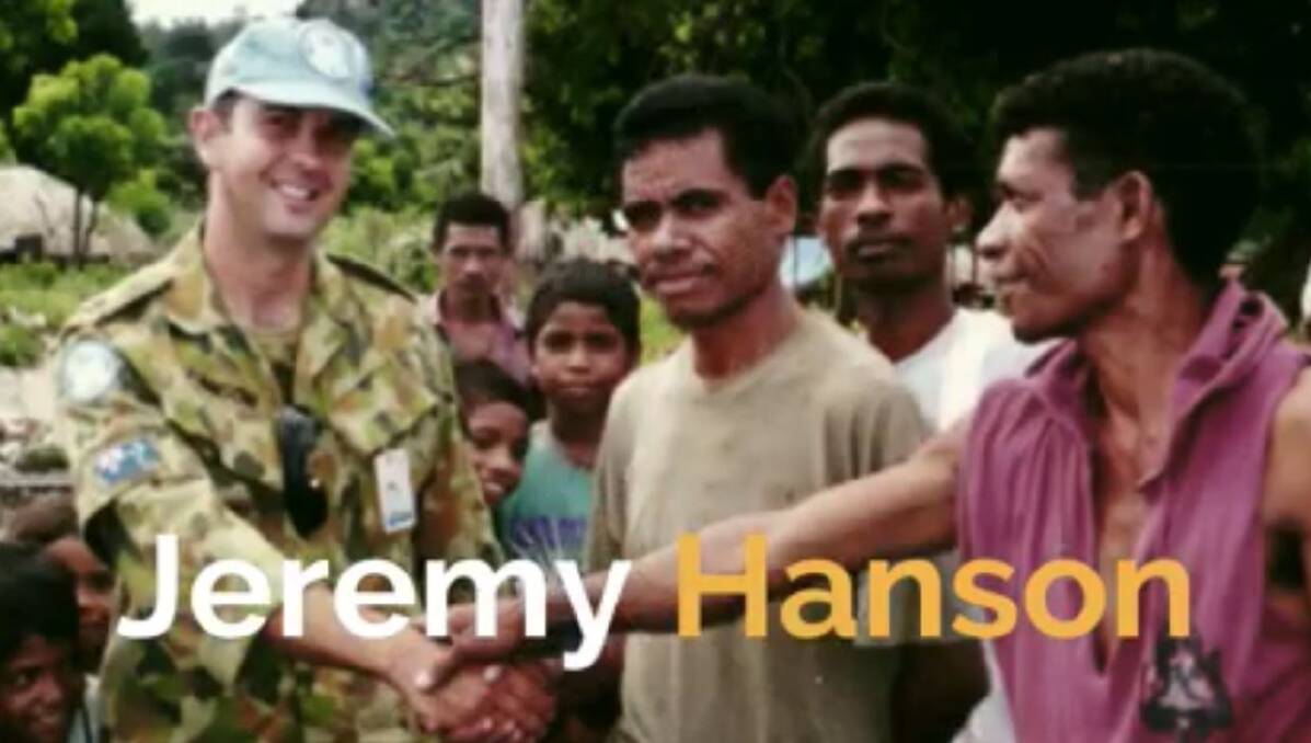 Hanson in East Timor in 2000, in a photo he is now using in campaigning.